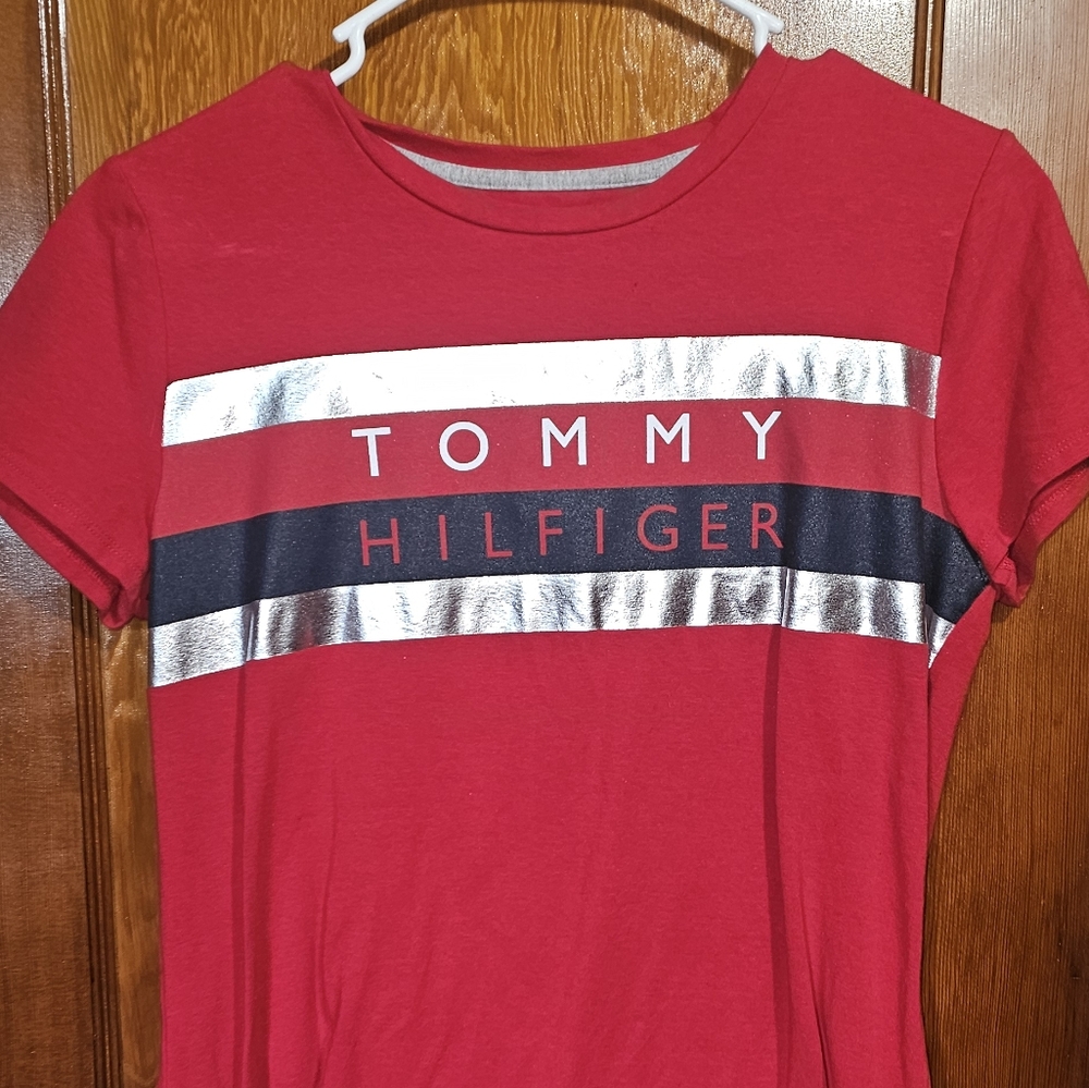 Tommy Hilfiger Red Tee with Silver Stripes